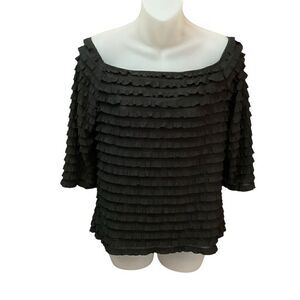 Frank Lyman Blouse Off Shoulder Ruffled Tiers Black Sheer Sleeves Lined Women 14
